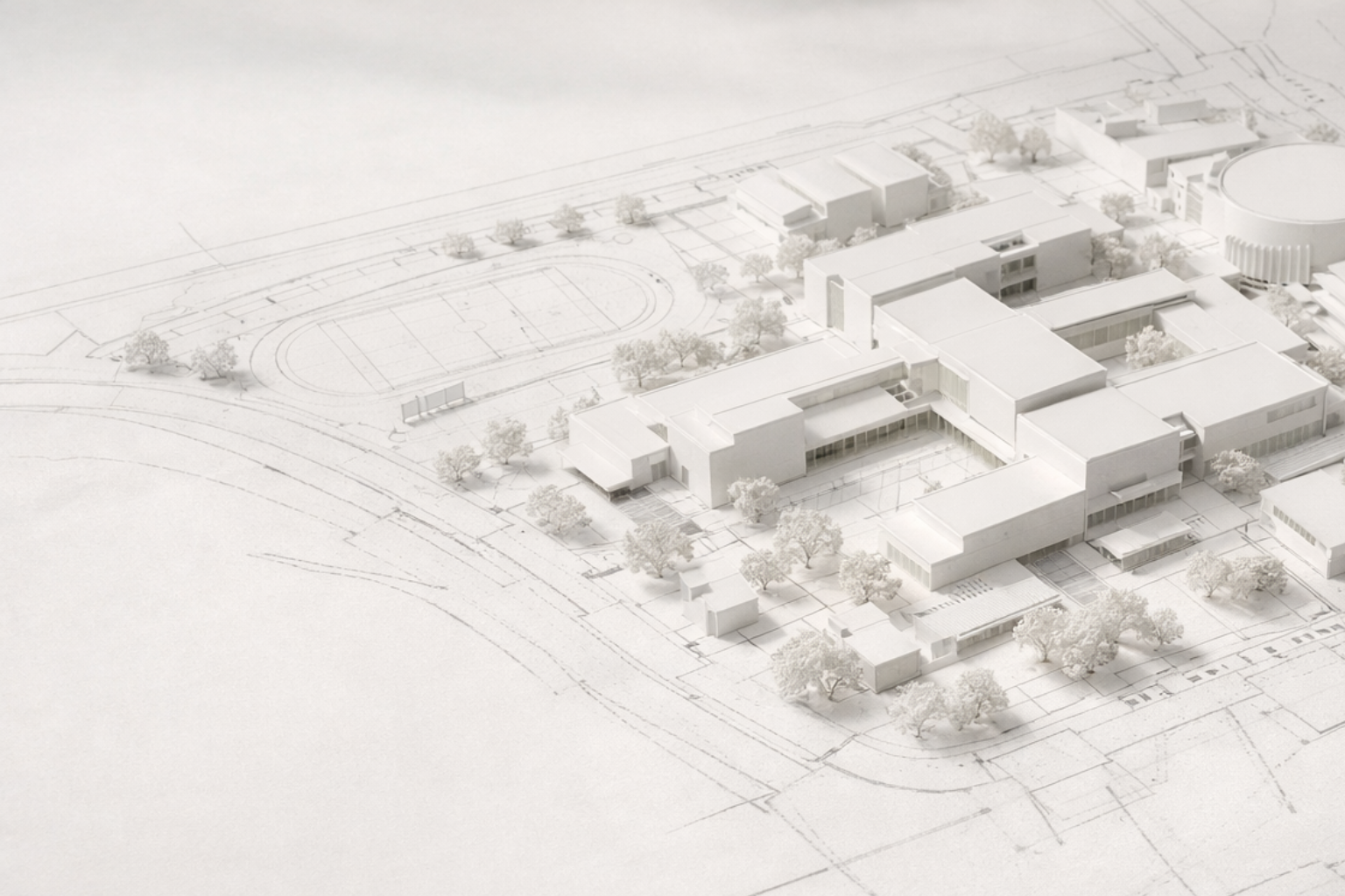 School campus architectural site model arranged over plan drawings.
