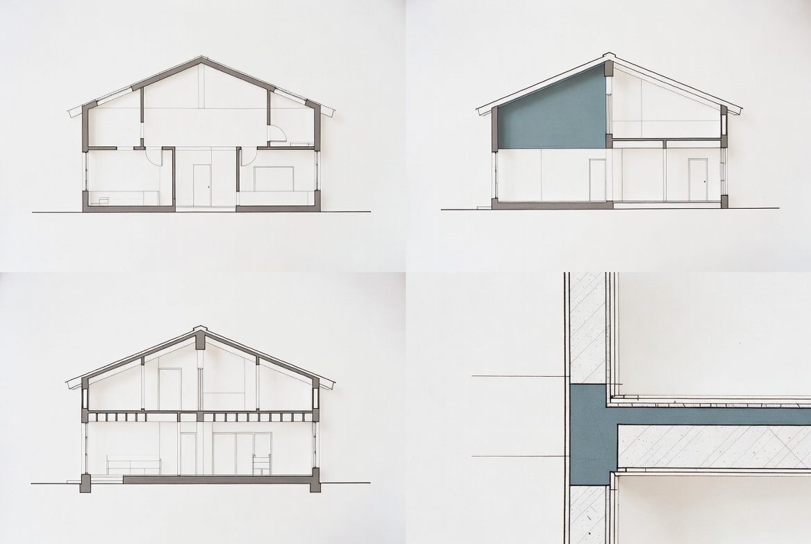 Architectural section drawings and wall detail shown together on one sheet.