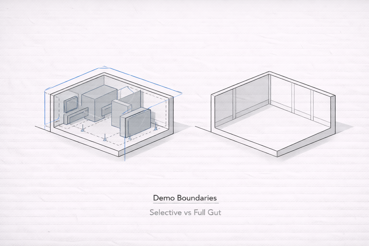 Diagram comparing selective demolition boundaries with protected systems versus full gut demolition.