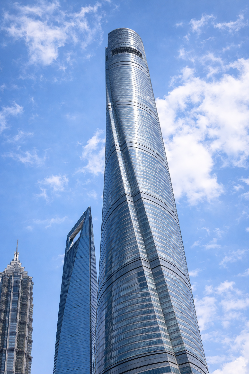 Shanghai Tower close-up from low angle with reflective glass facade.