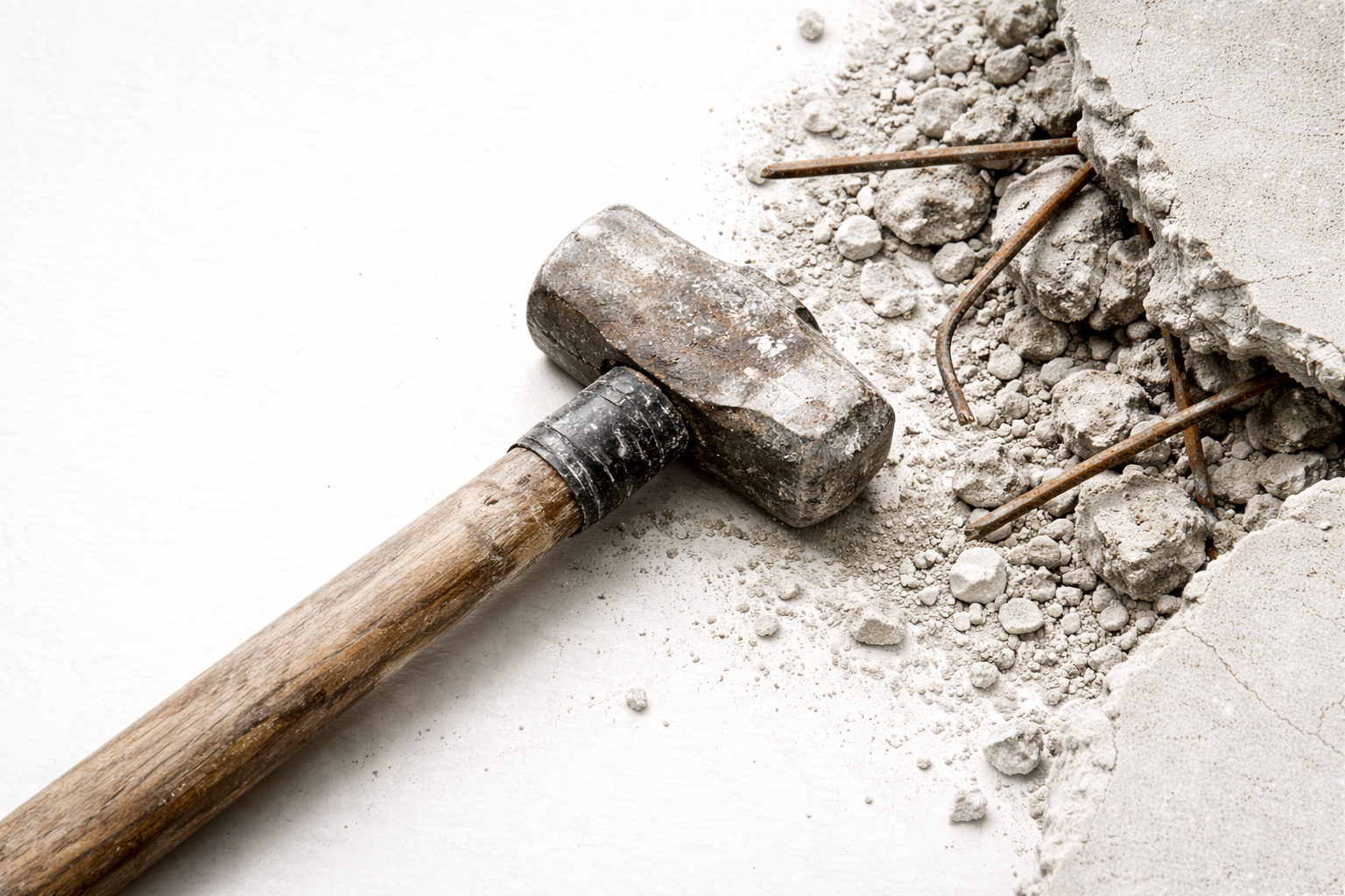Sledgehammer demolition tool on concrete rubble with broken aggregate and exposed rebar.