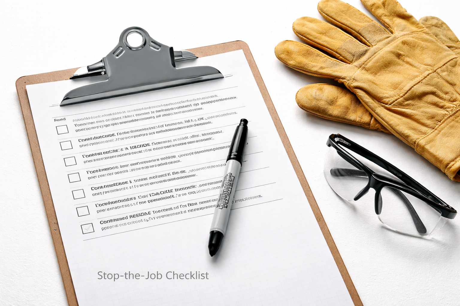 Stop-the-job pre-submit checklist on clipboard for demolition and tender risk checks.