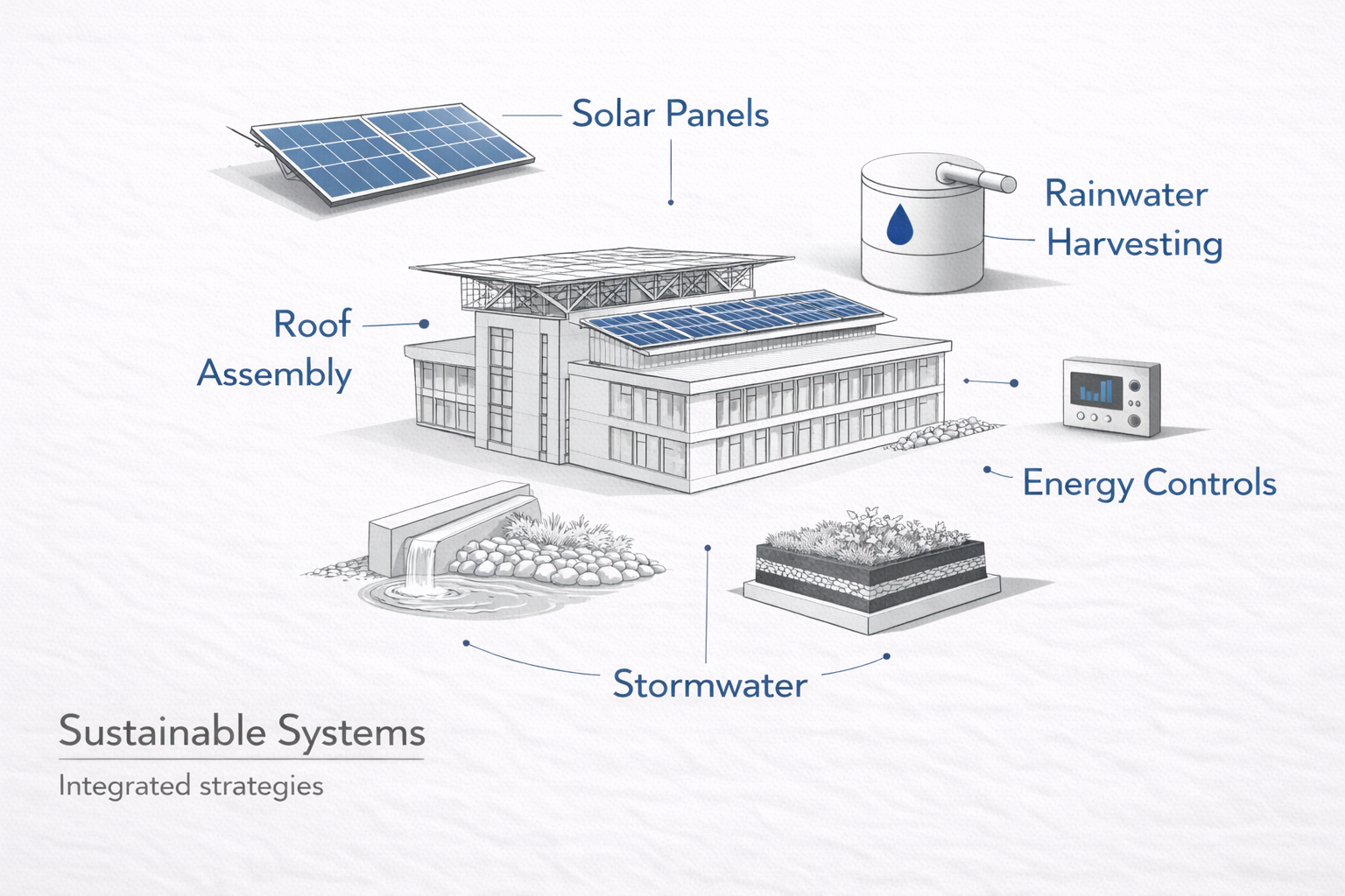 Sustainable building systems diagram showing solar, rainwater harvesting, stormwater, roof, and controls.
