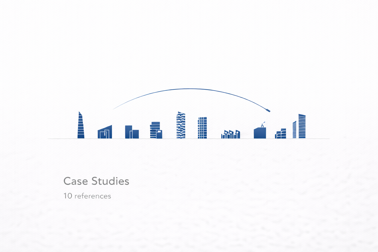 Sustainable building case studies diagram with ten reference icons and cobalt arc.