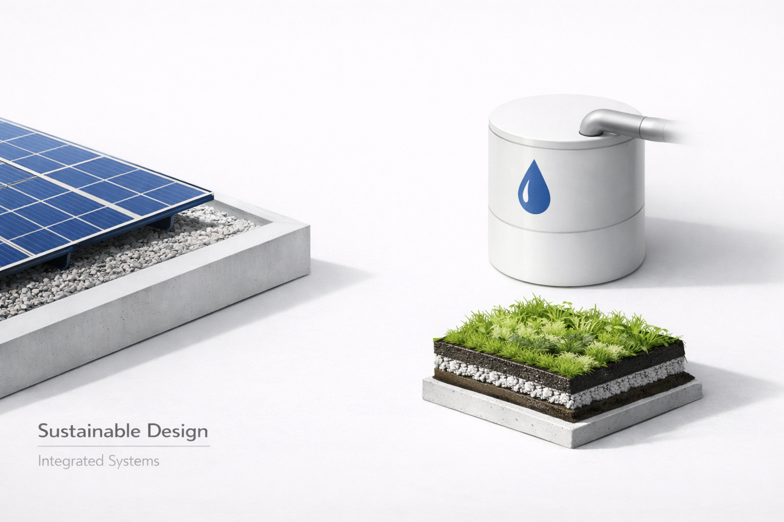 Sustainable building systems diagram showing solar, rainwater capture, and green roof layers.