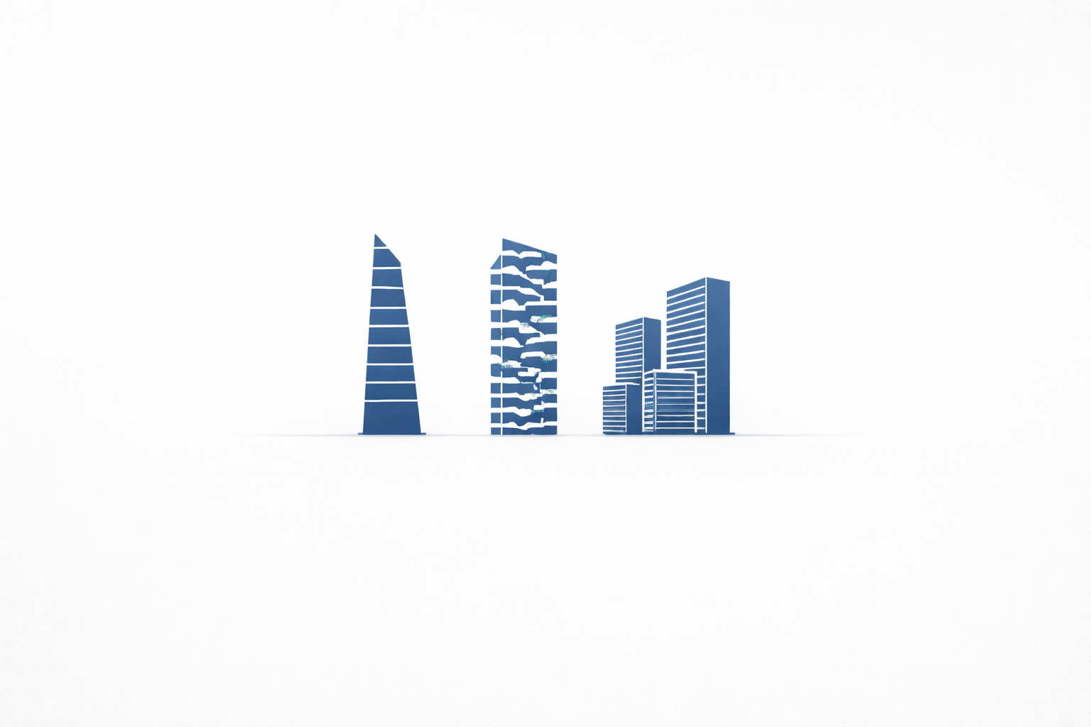 Sustainable building examples diagram with three modern skyscrapers.