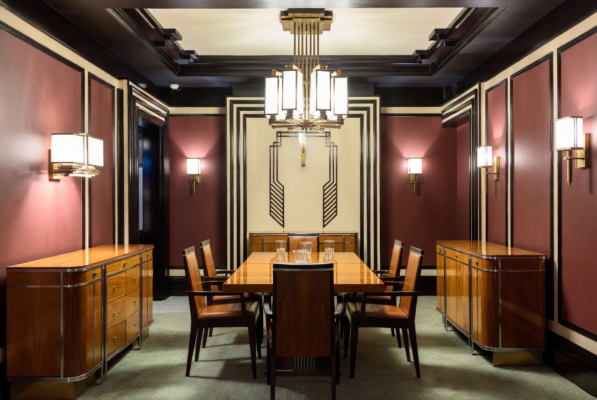 Art Deco sitting room with geometric upholstery, patterned textiles, polished wood paneling, symmetrical lighting, and a sunburst fireplace design.