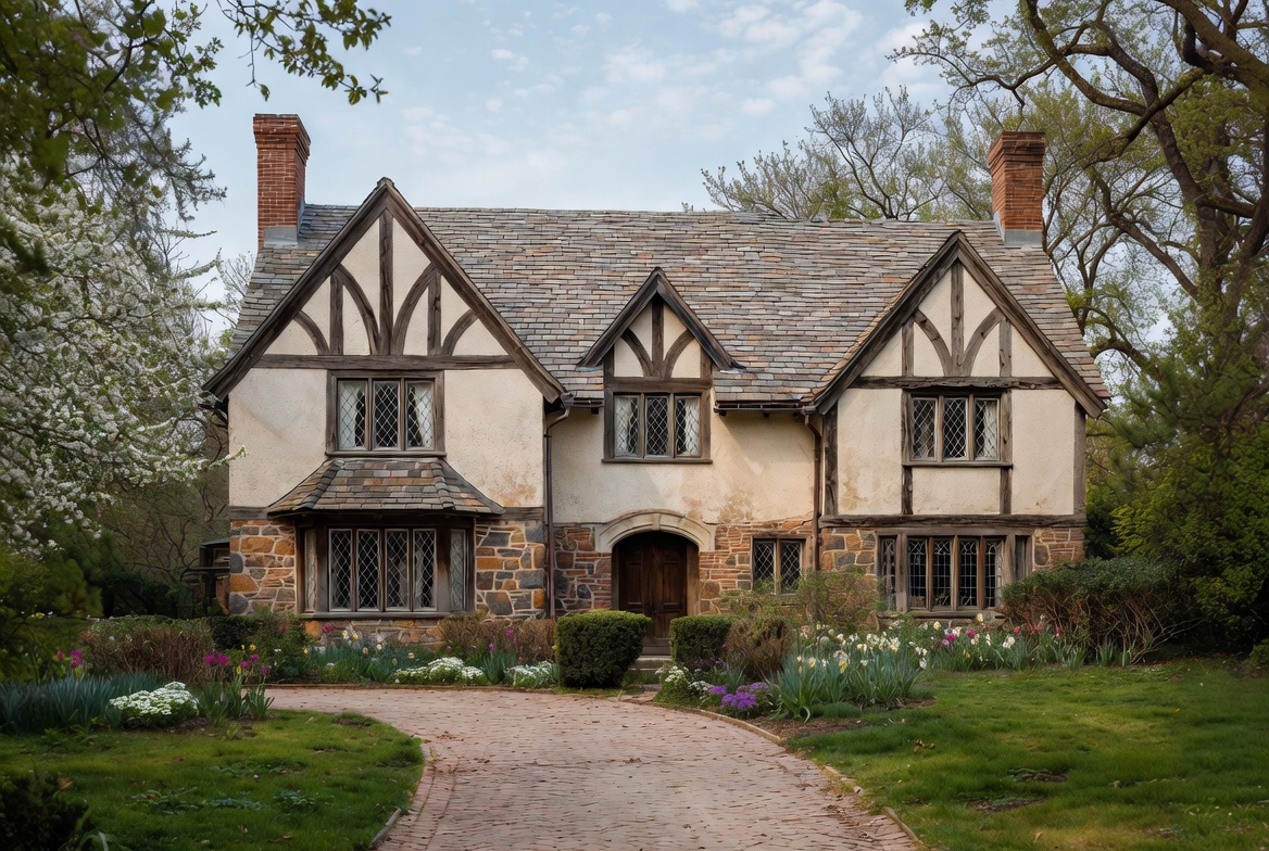 Tudor Revival house with half-timbering, stone walls, steep gables, and leaded windows.