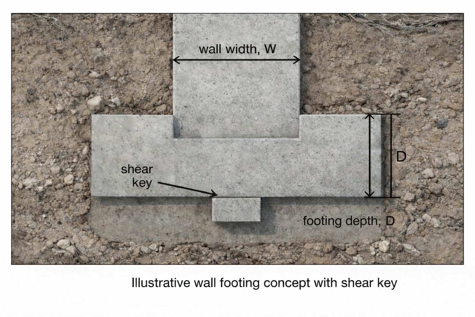 Illustrative wall footing concept with centered shear key below the footing and labeled wall width.