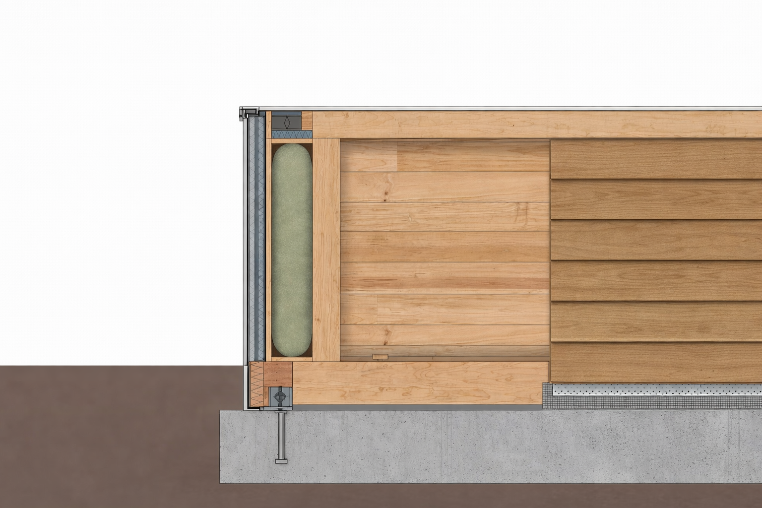 Wall section cut showing wood framing, insulation, cladding, and foundation connection.