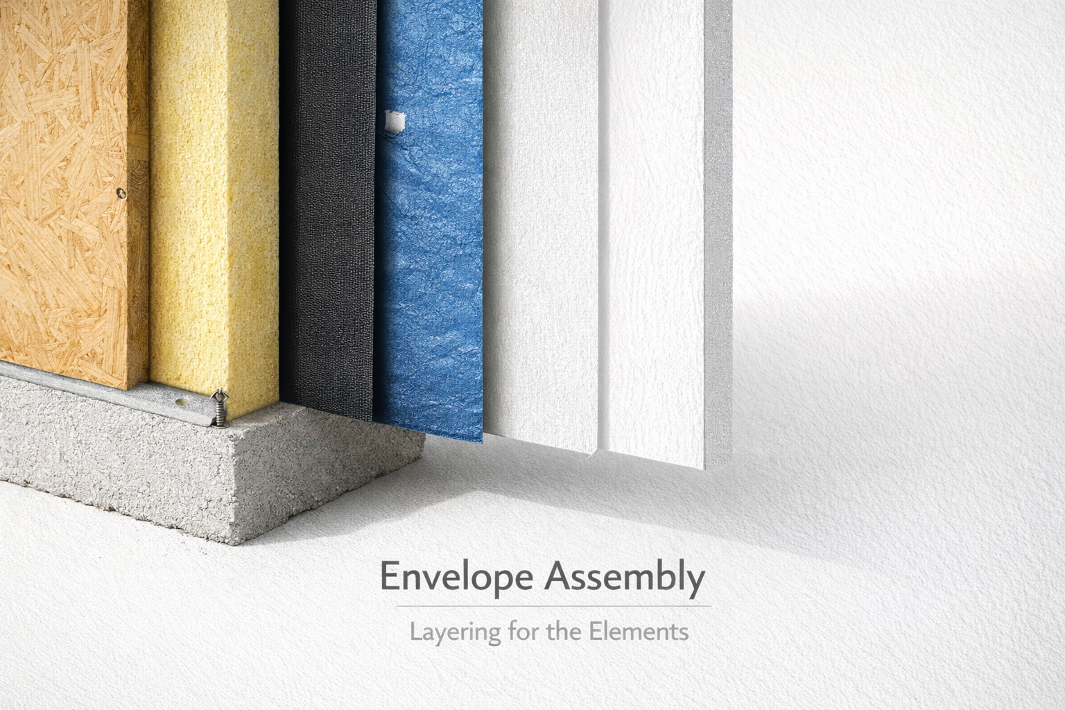 Exterior wall assembly layer order showing cladding, WRB, insulation, sheathing, and framing.