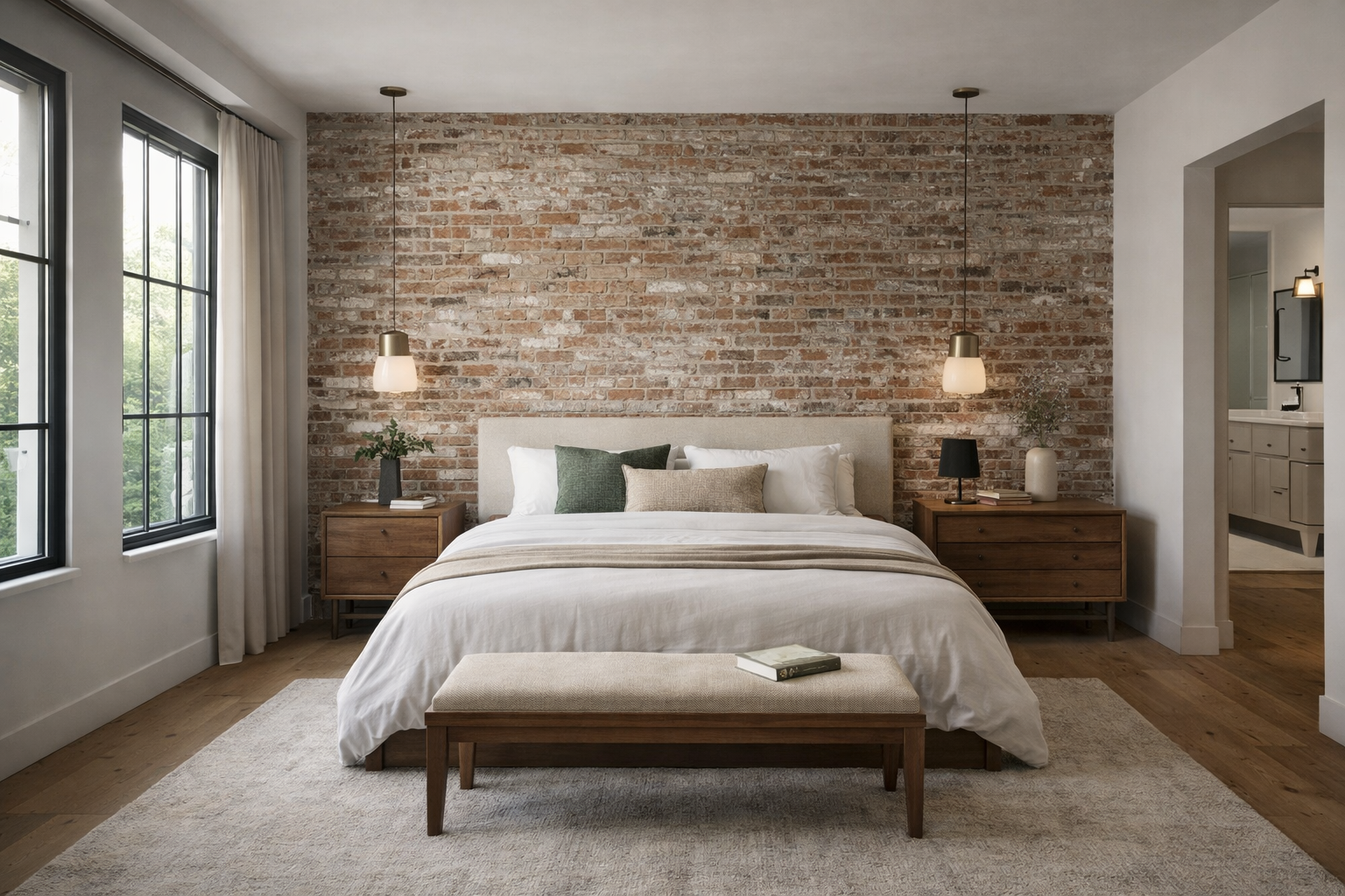 A bedroom with exposed antique brick wall, white bedding, oak floor, linen curtains.