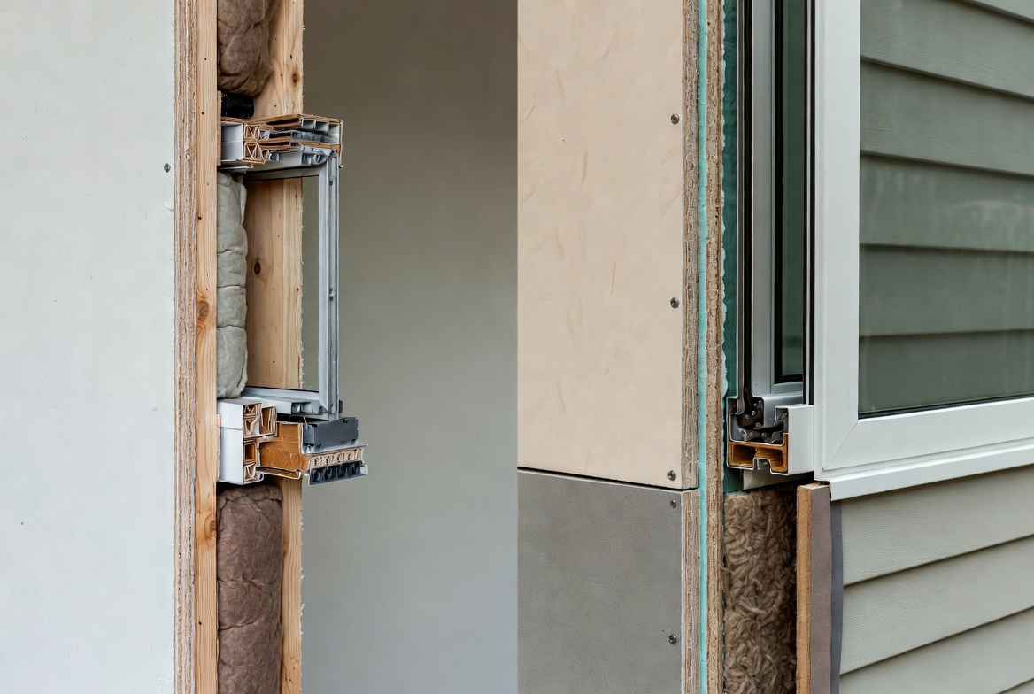 Cutaway view of a renovated wall showing window installation, insulation, cladding, and trim layers.