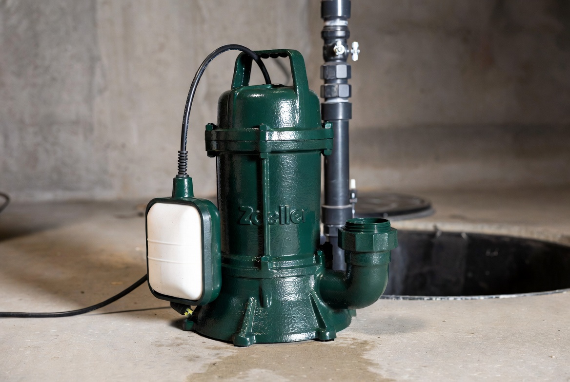 Zoeller M53 Mighty-Mate sump pump beside a basement sump pit during routine maintenance inspection.