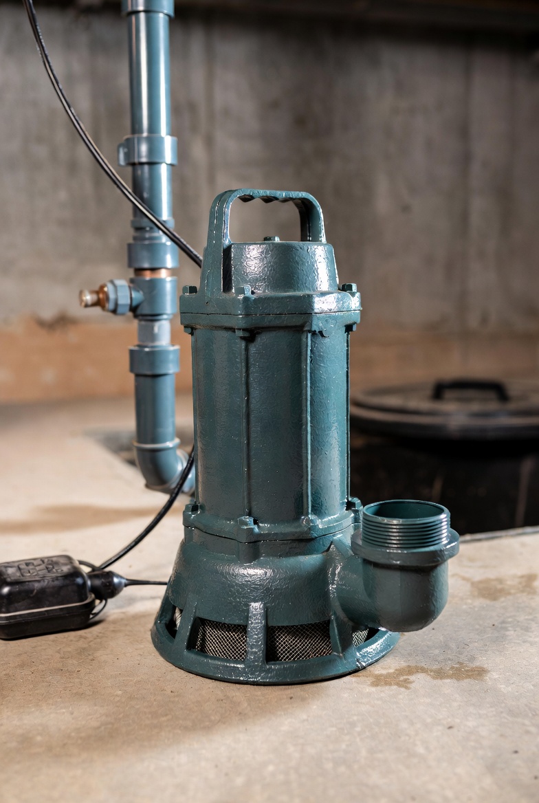 Zoeller M53 Mighty-Mate cast-iron sump pump placed beside a basement sump pit and discharge pipe.