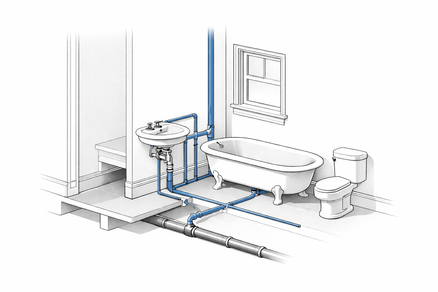 1910s bathroom cutaway diagram showing clawfoot tub, pedestal sink, toilet, and compact plumbing layout centered on a vertical stack.