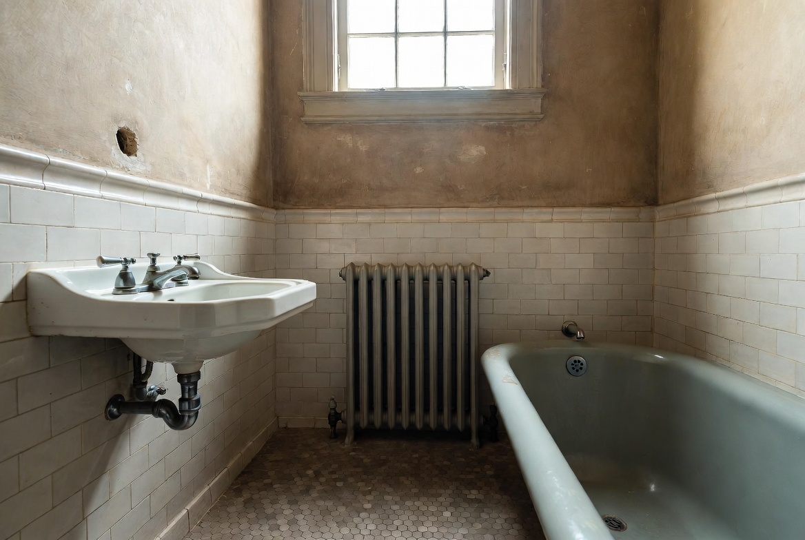 Compact 1910s bathroom with wall-mounted sink, clawfoot tub, radiator, subway tile, and hex floor tile.