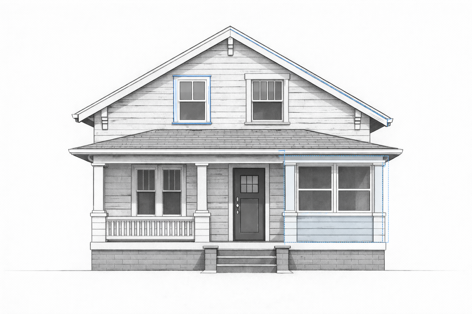 Typical 1910s house facade with early visible alterations highlighted, including a replacement window, simplified roof edge, and porch enclosure.