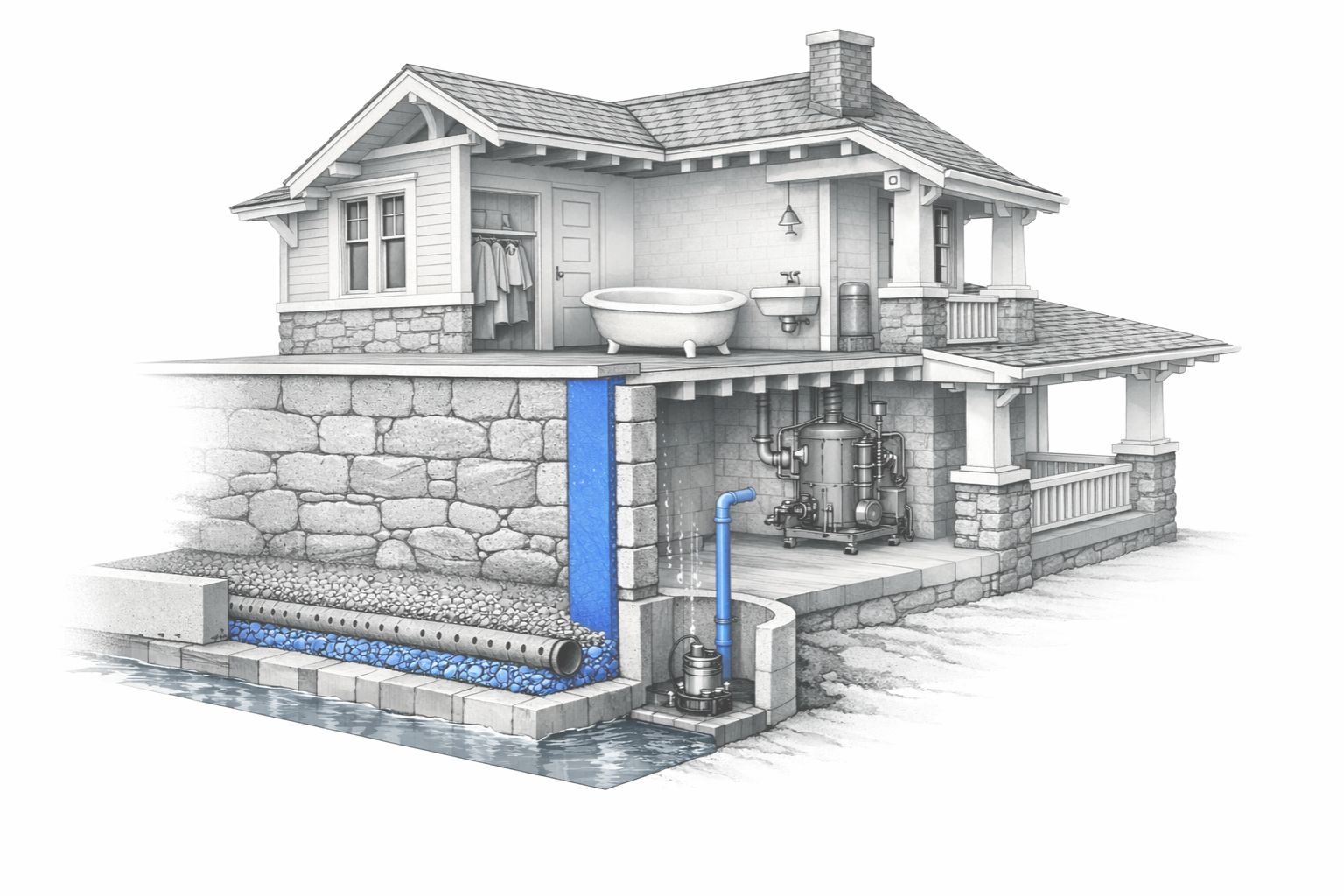 1910s American house cutaway showing bathroom, kitchen, utility area, and basement moisture zones.