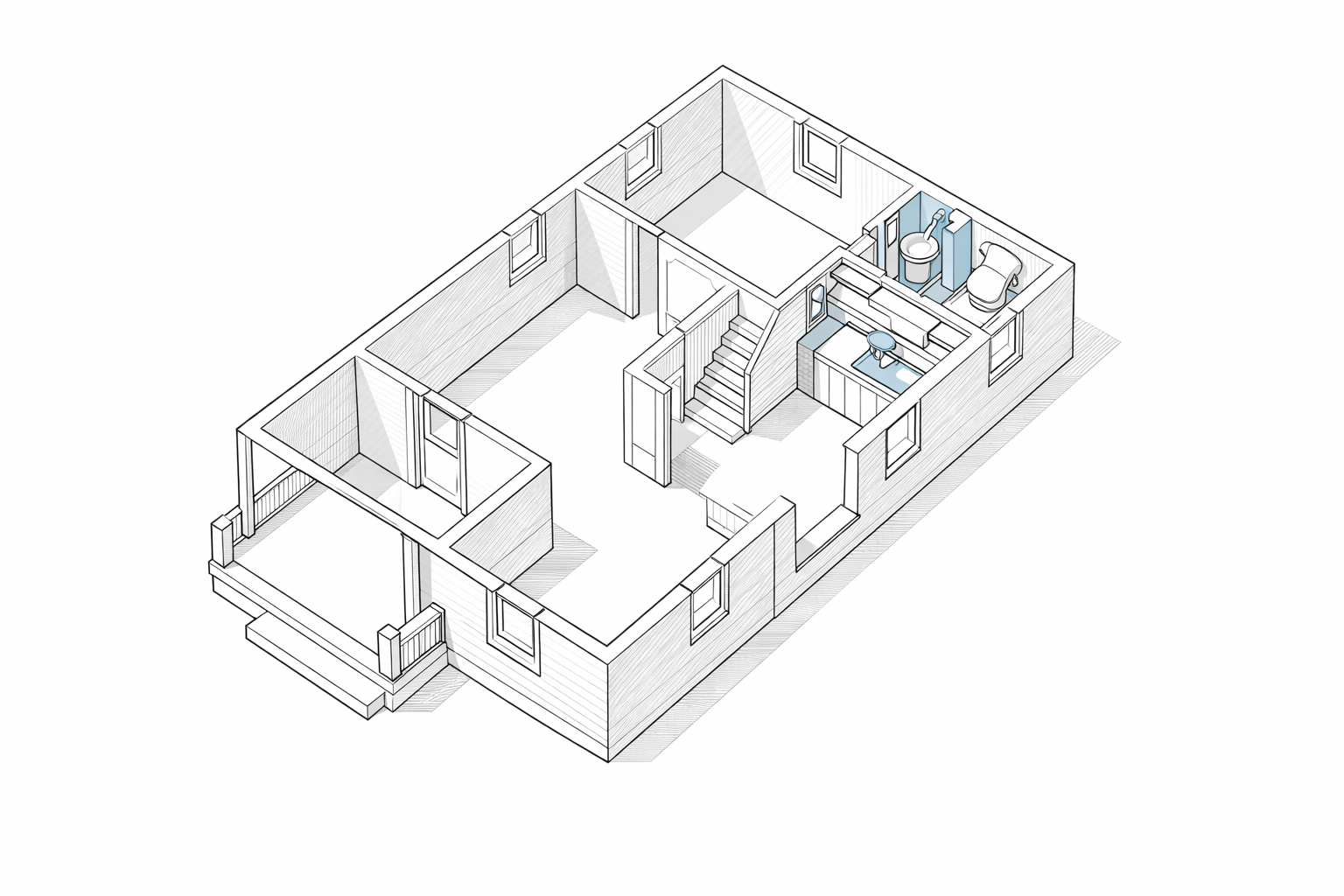 Axonometric floor plan of a compact 1910s American house showing front porch, entry sequence, main rooms, stair, rear kitchen, and a compact bathroom along the service spine.