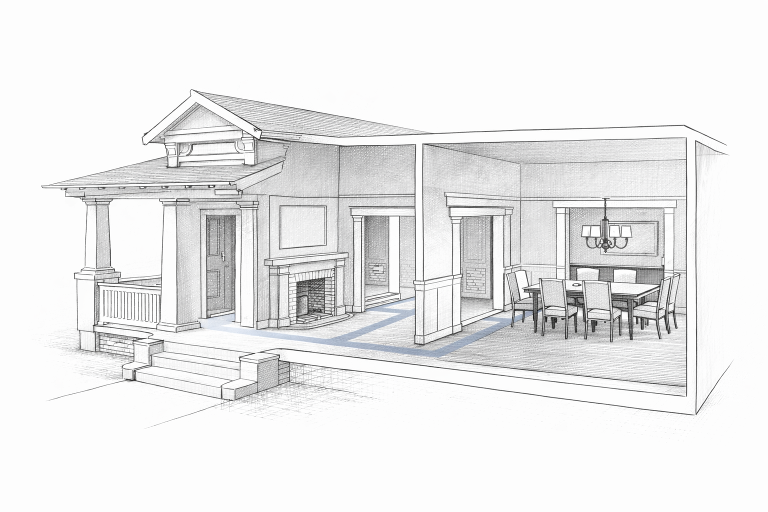 Cutaway diagram of a 1910s house showing the sequence from front porch to entry hall to living and dining rooms.