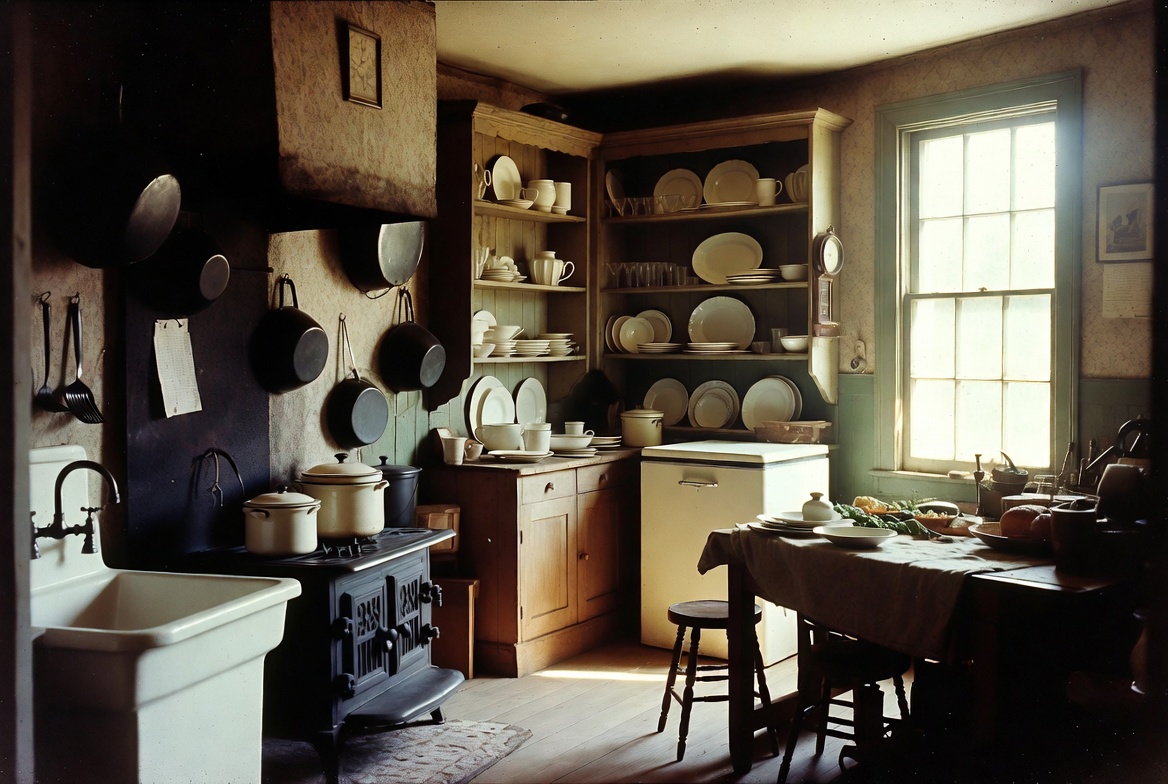 1910s kitchen with cast-iron range, farmhouse sink, open shelving, dish storage, and a simple work table.