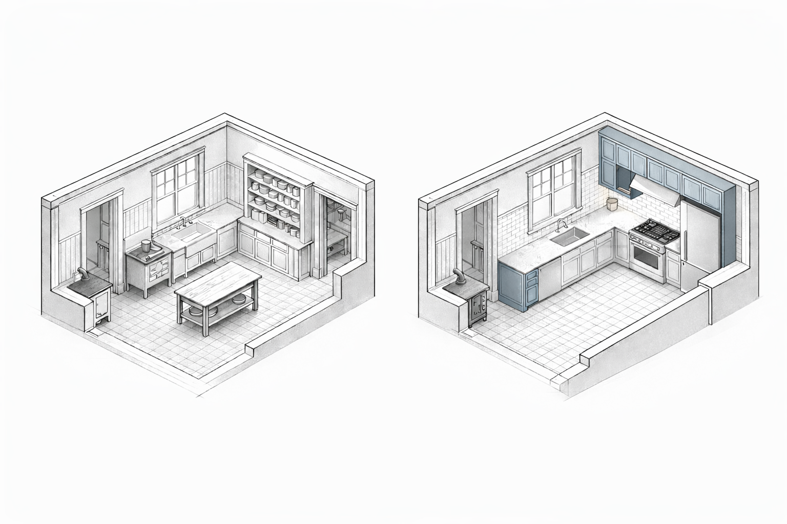 Side-by-side axonometric comparison of a 1910s kitchen and a respectful updated renovation with preserved pantry adjacency.