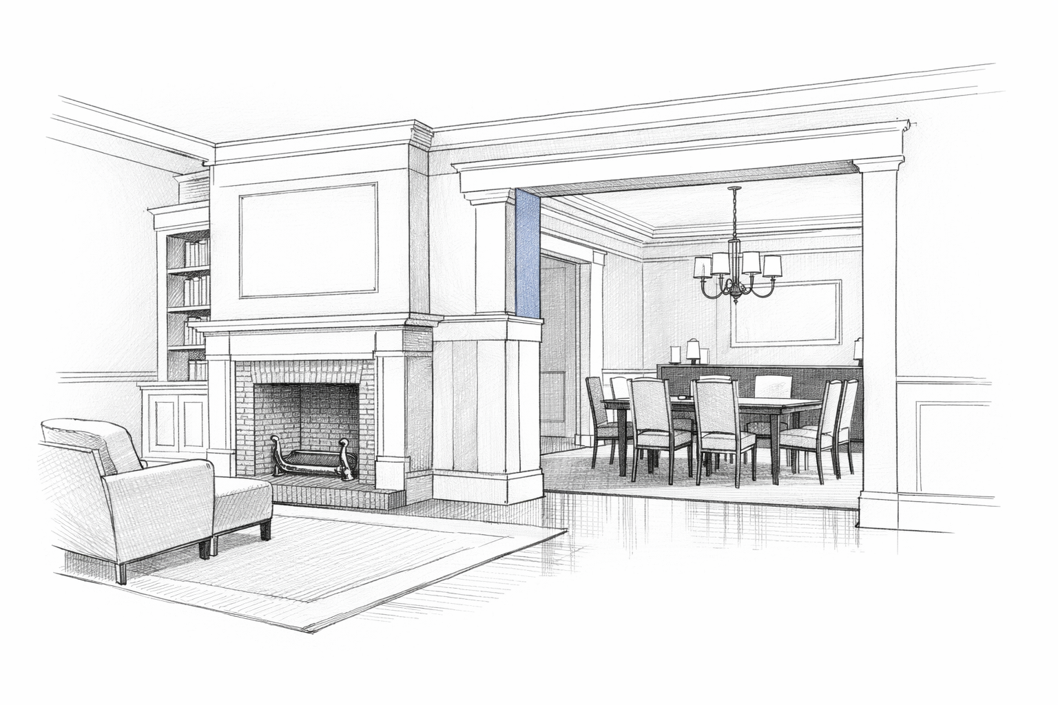 1910s living room and dining room connected by a trimmed opening with partial divider and fireplace wall.