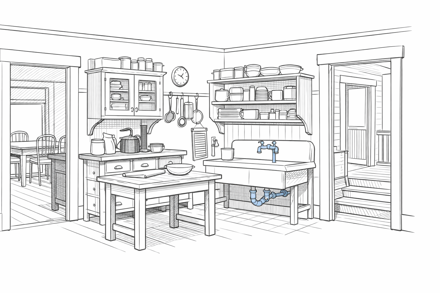 1910s rear kitchen work room behind the dining room with wall storage, central worktable, sink, and back porch connection.
