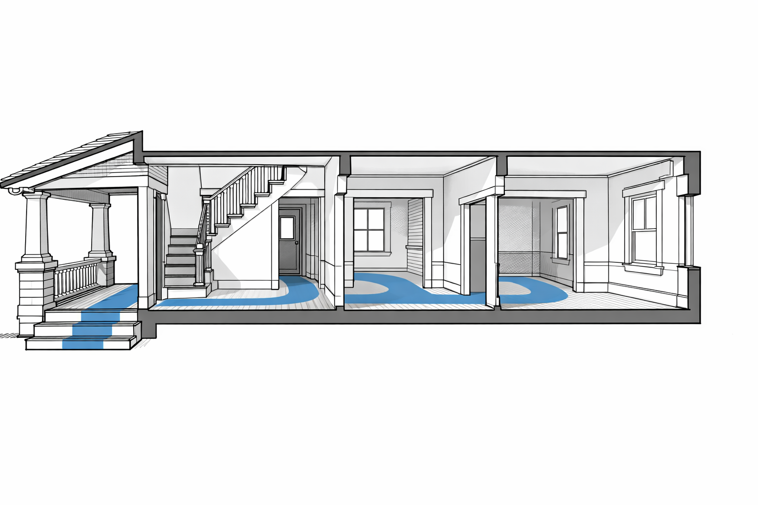 Cutaway diagram showing the spatial sequence of a 1910s house from front porch to entry hall to living room to dining room.
