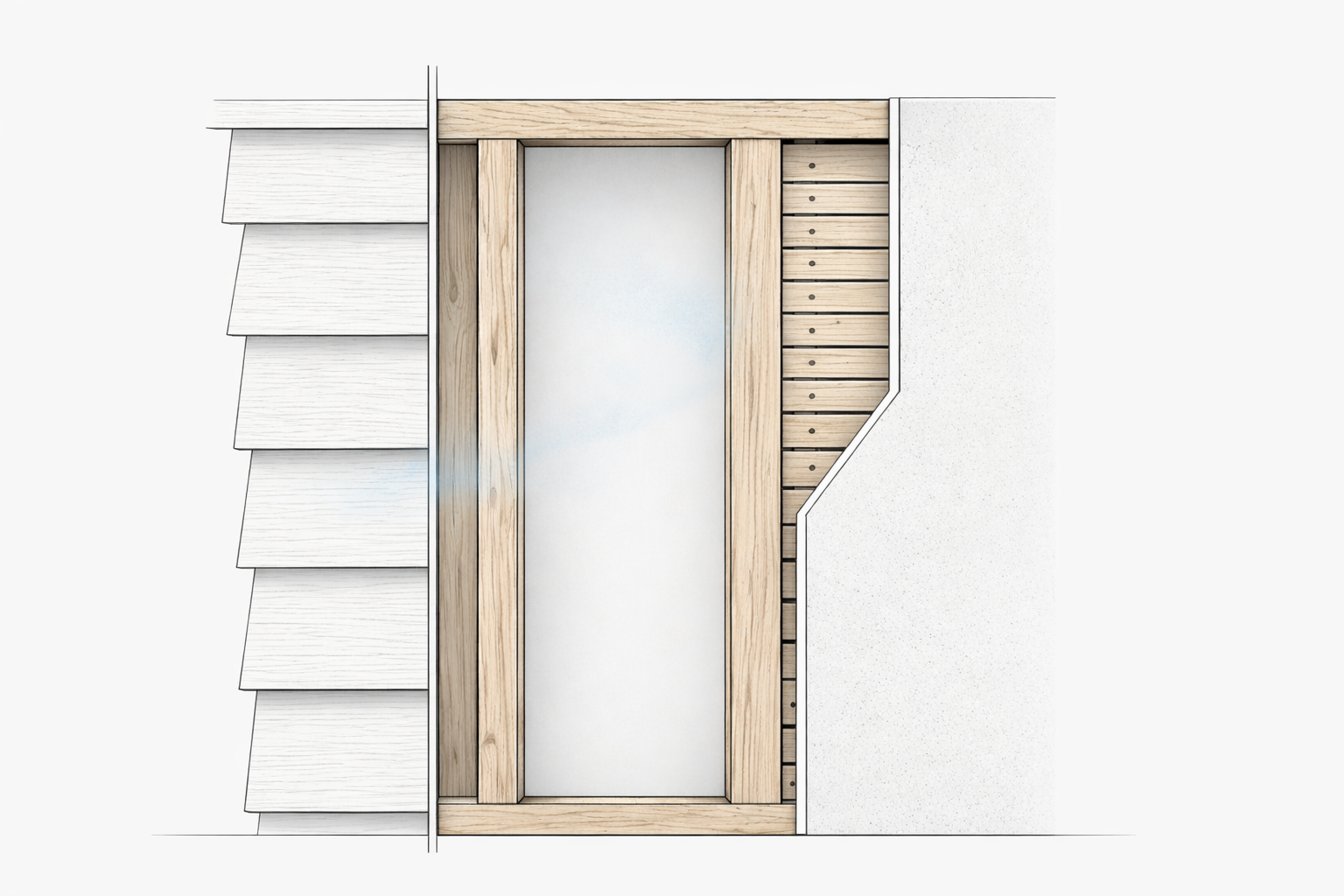 Section diagram of a typical 1910s exterior wall showing lap siding, board sheathing, open stud cavity, wood lath, and plaster with subtle drying through the assembly.