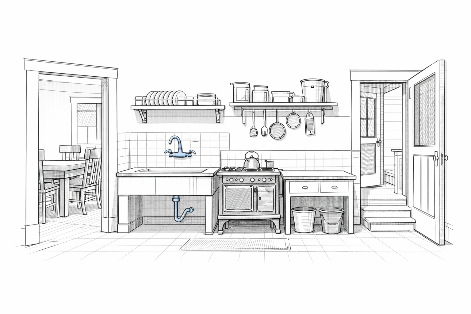 1910s rear kitchen arranged as a compact work room between the dining room and back service porch.