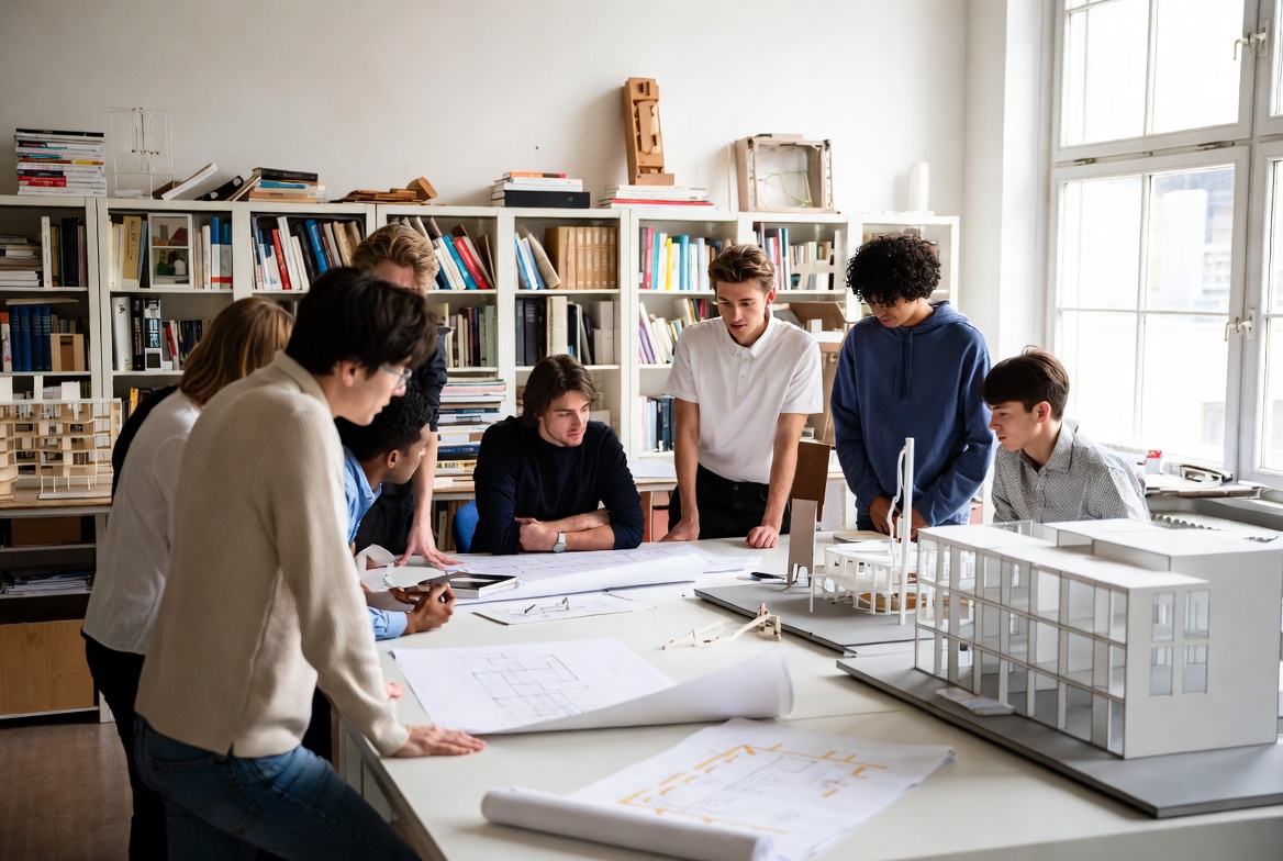 Architecture students reviewing drawings and a building model around a studio worktable.