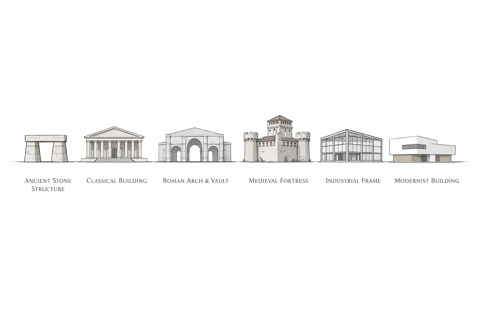 Secular building forms showing major stages in architectural history across a clean horizontal plate.