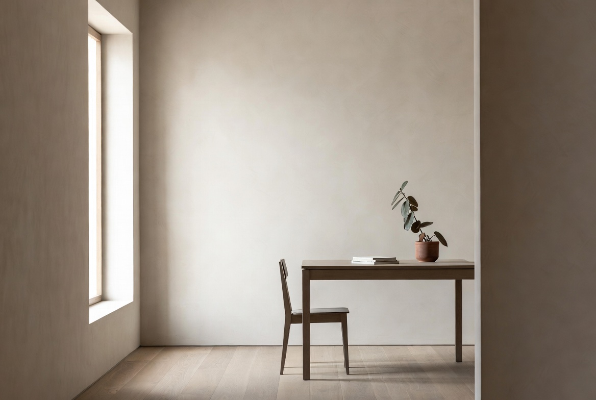 Architecture student desk with white study model and monitor showing a realistic interior render workflow.