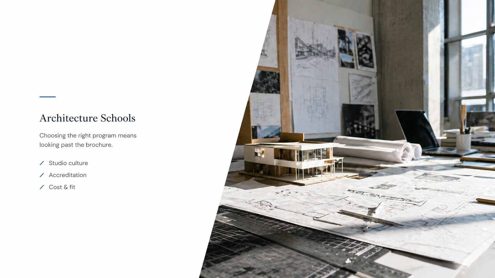 Architecture school studio with models, plans, drawing tools, and design work on desks.