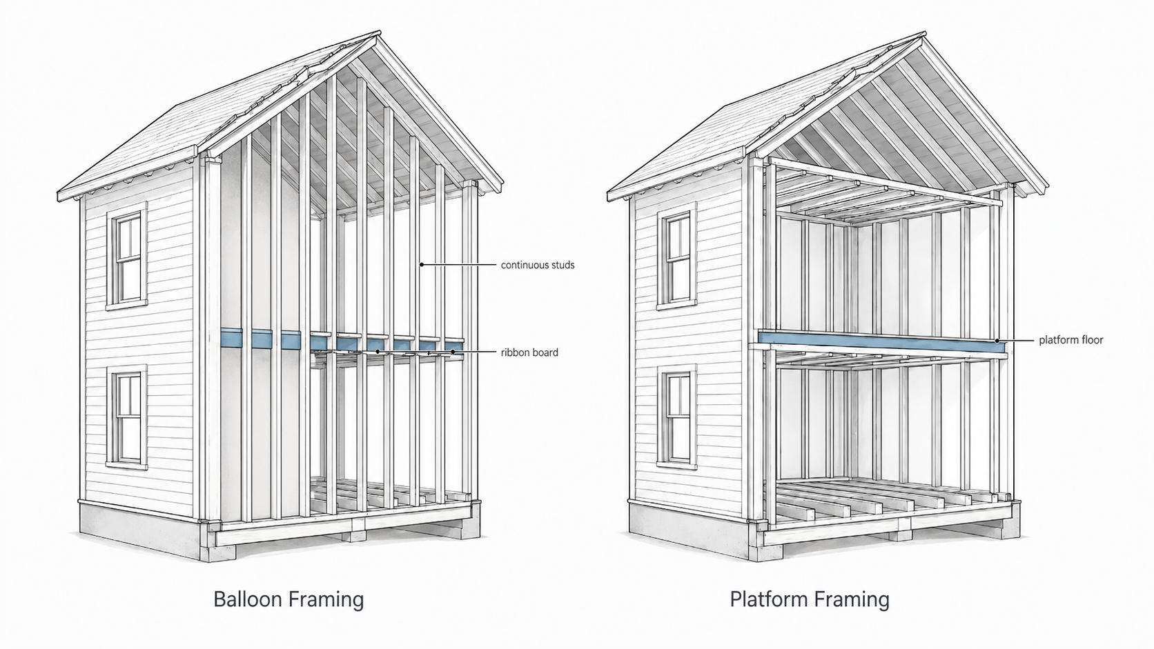 Comparison diagram of balloon framing and platform framing in a two-story wood house, showing continuous studs, ribbon board, and platform floor.