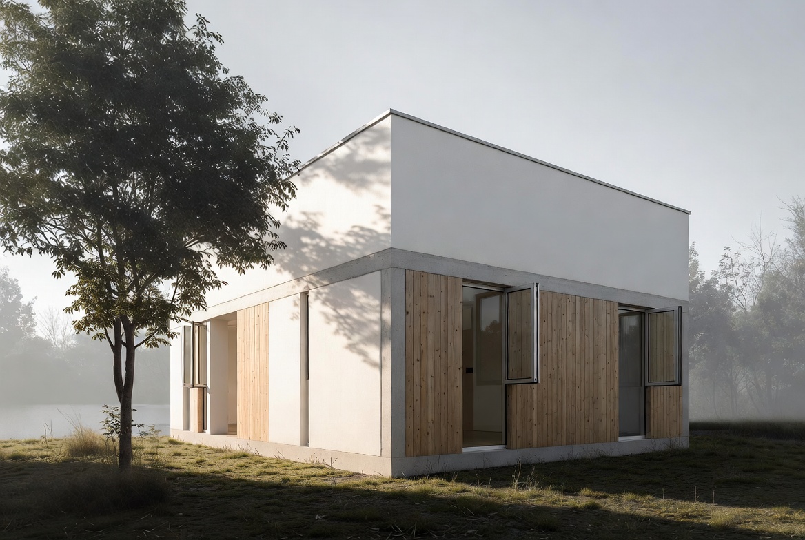 Simple modern house render with white plaster, wood cladding, soft light, and restrained landscape.