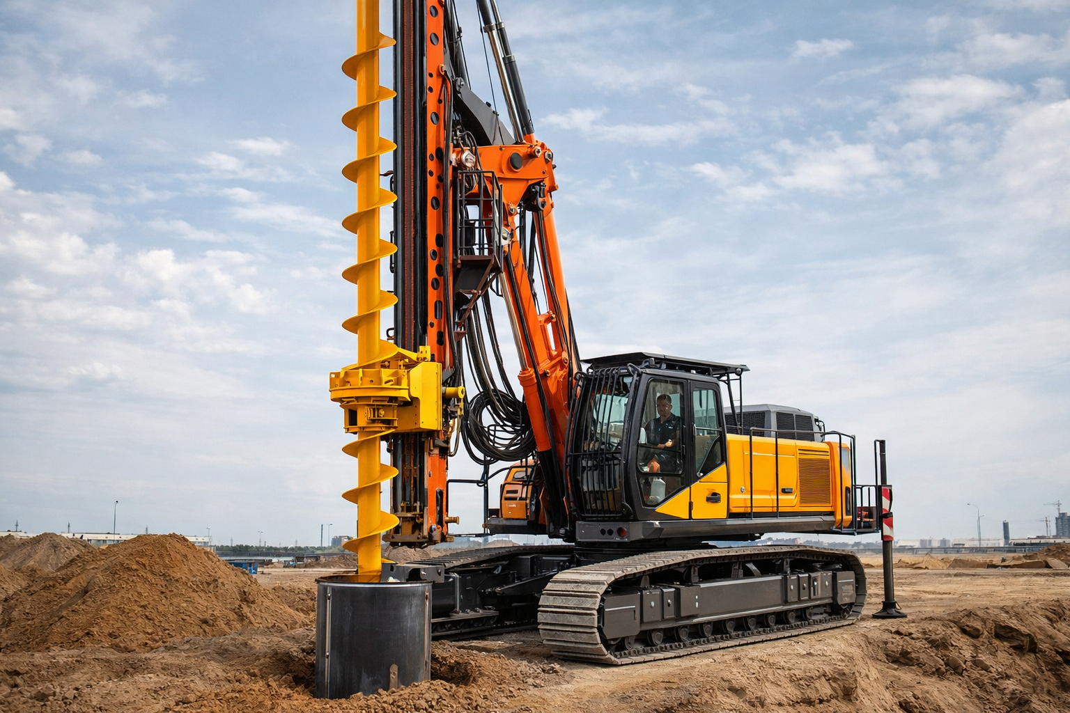 Crawler-mounted CFA piling rig with a tall mast and continuous flight auger drilling at a construction site.
