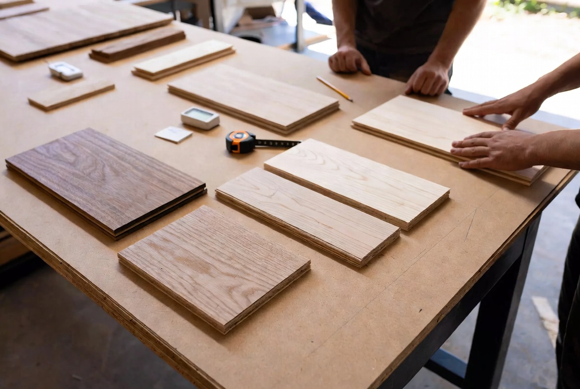 Wood sample boards and plywood panels arranged on a worktable for side-by-side comparison.