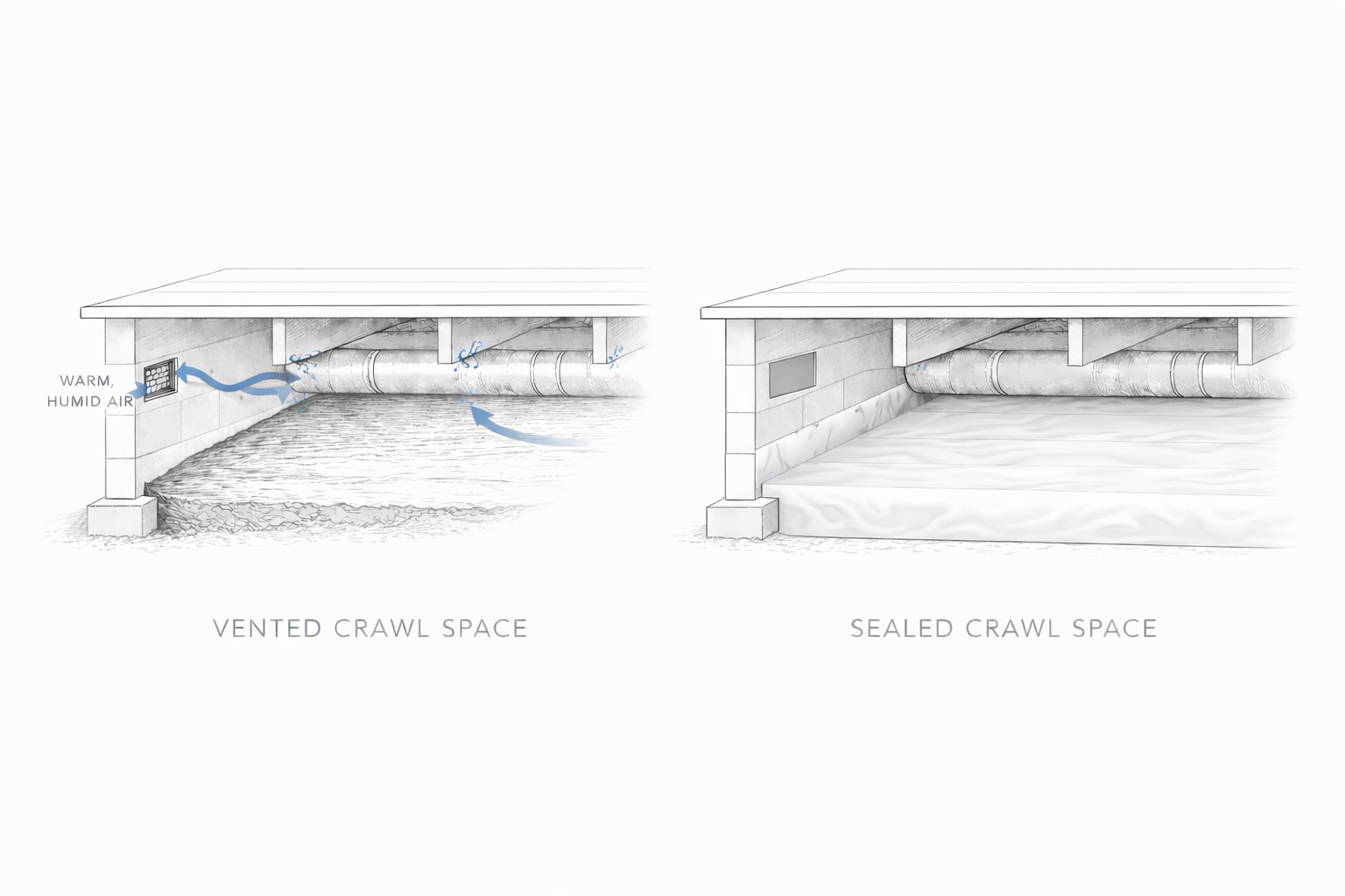 Side-by-side section comparison of a vented crawl space and a sealed crawl space with encapsulation liner.