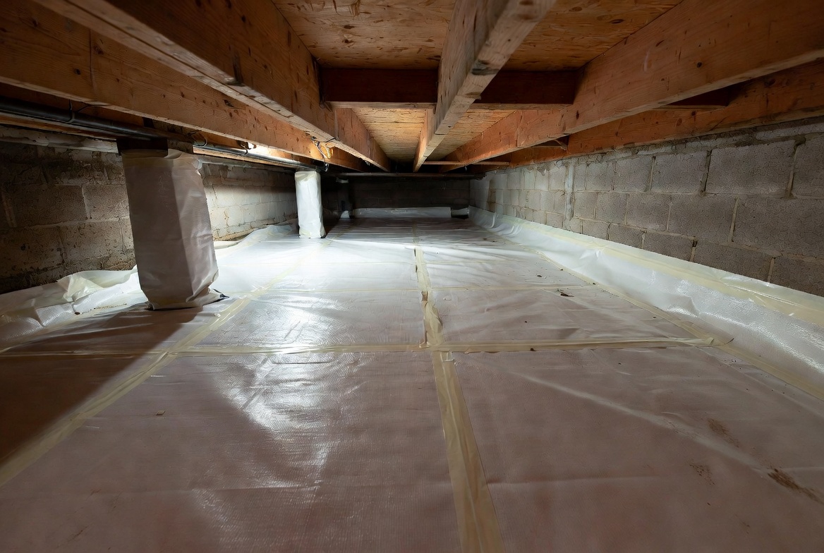 Installed crawl space vapor barrier with taped seams, wall turn-up, and wrapped piers.