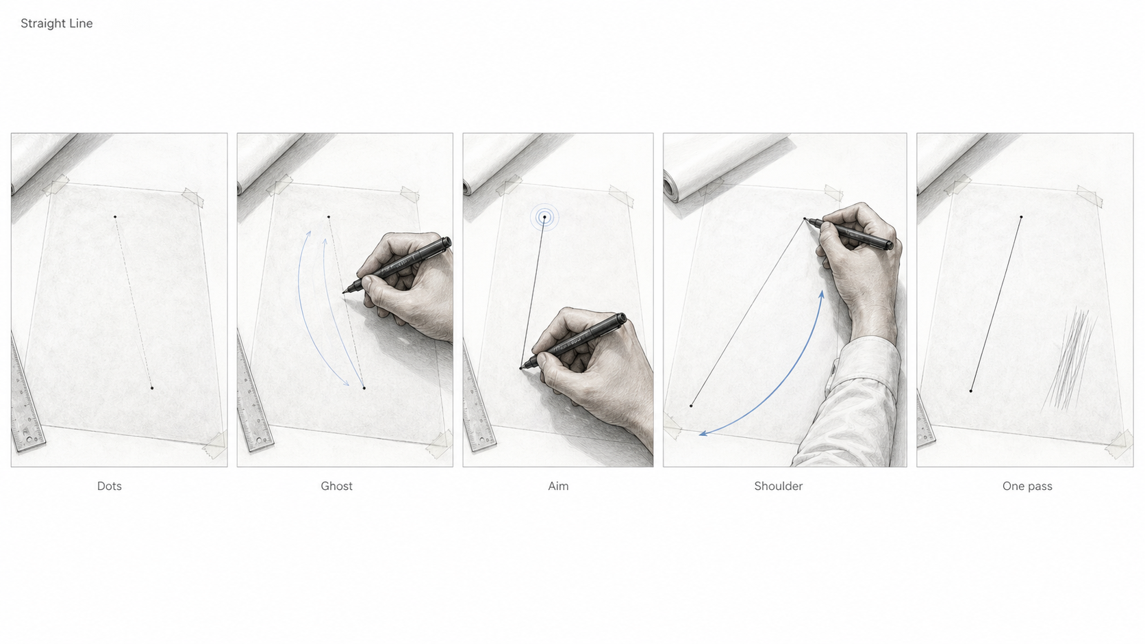 Five-step diagram showing how to draw a straighter architectural line using dots, ghosting, aiming, shoulder movement, and one pass.