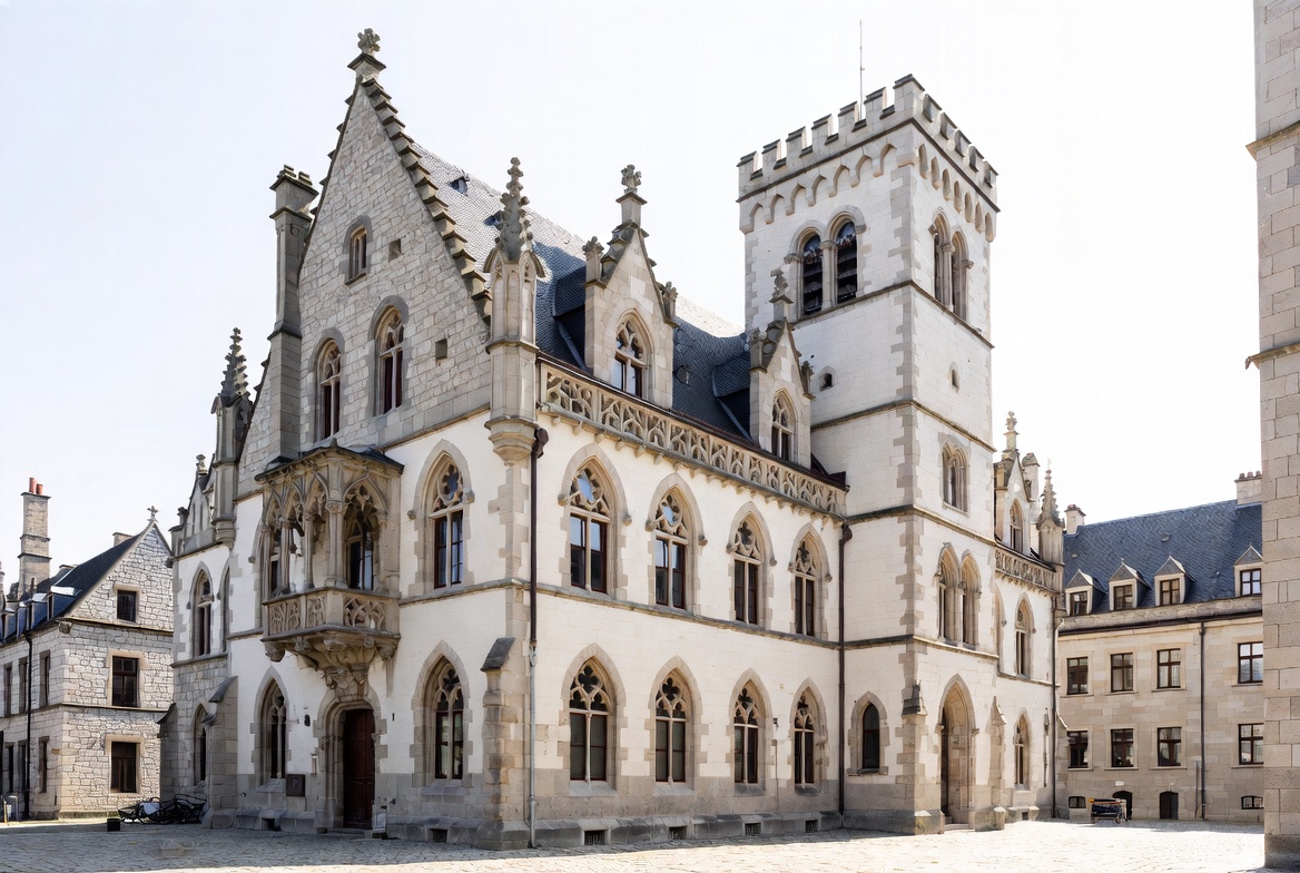 Gothic civic building with pointed windows, stone walls, and a tall tower.