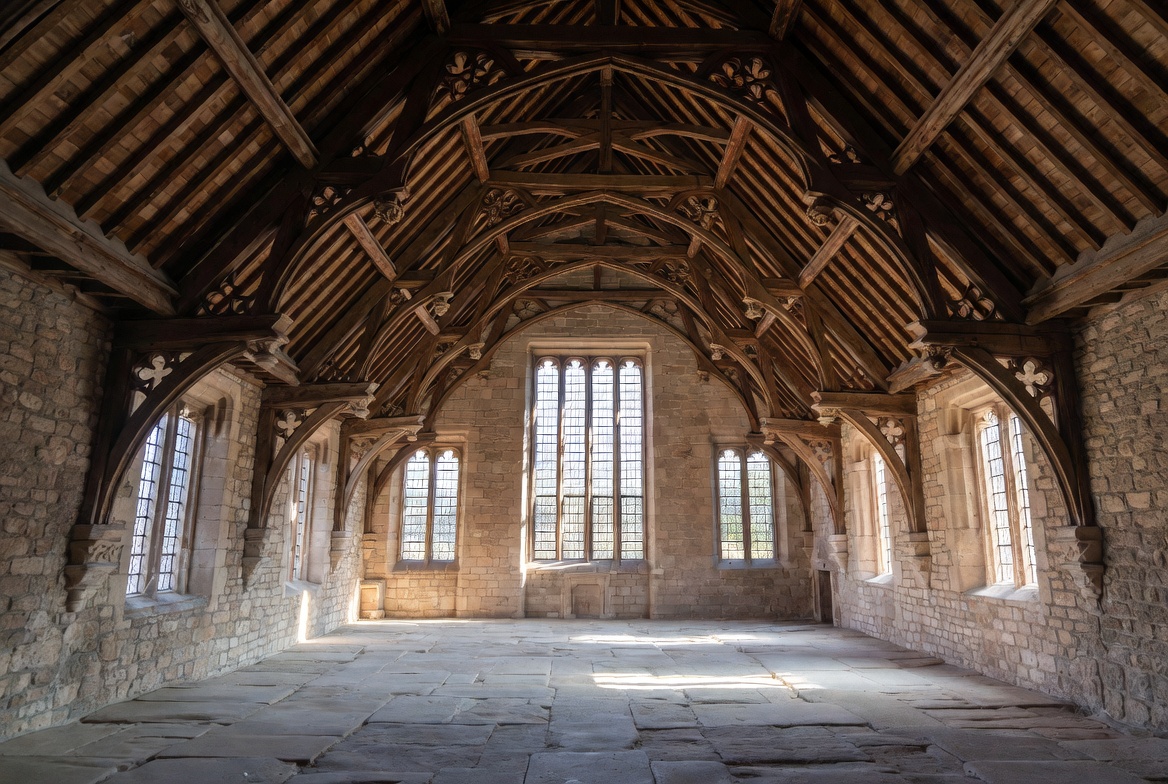 Gothic hall interior with exposed timber roof and long stone-walled room.