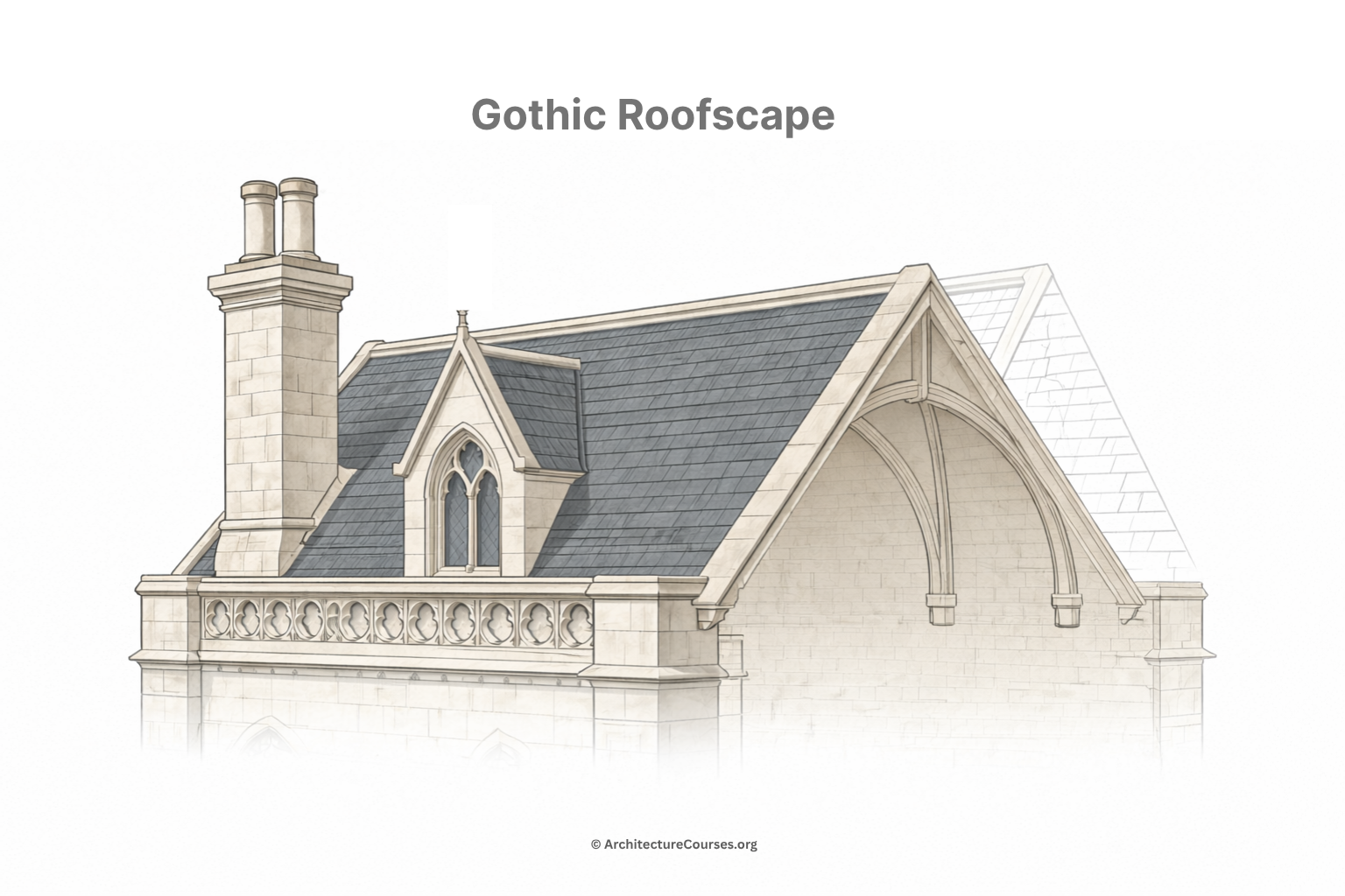 Gothic roofscape with steep slate roof, dormer, chimney, parapet band, and gable arch detail.