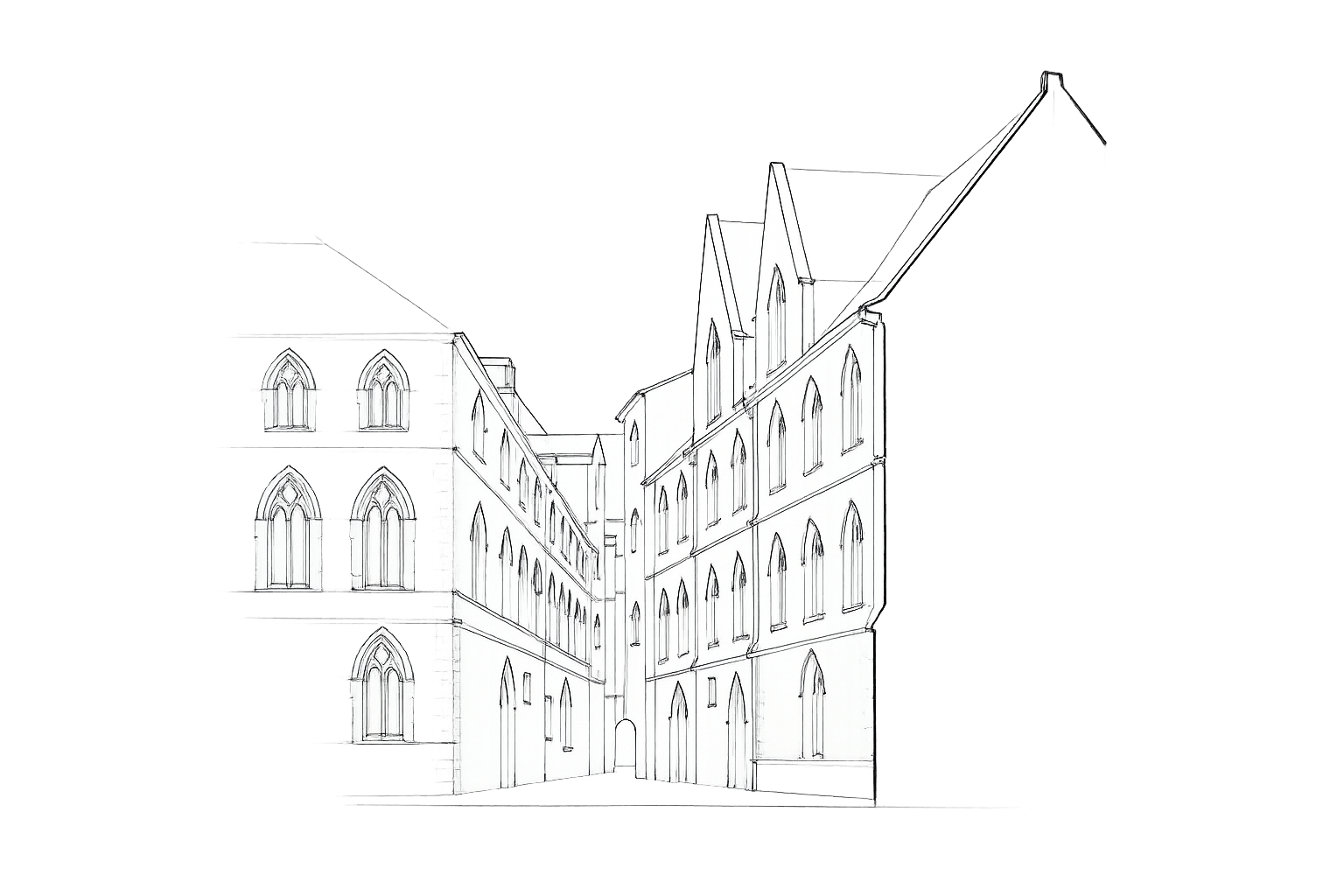 Perspective drawing of a secular Gothic street lined with pointed-window masonry buildings.