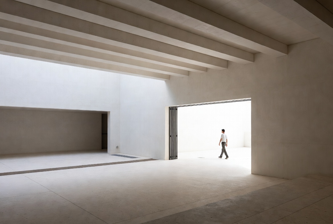 Minimal architectural interior with one person showing room depth, ceiling height, and opening scale.