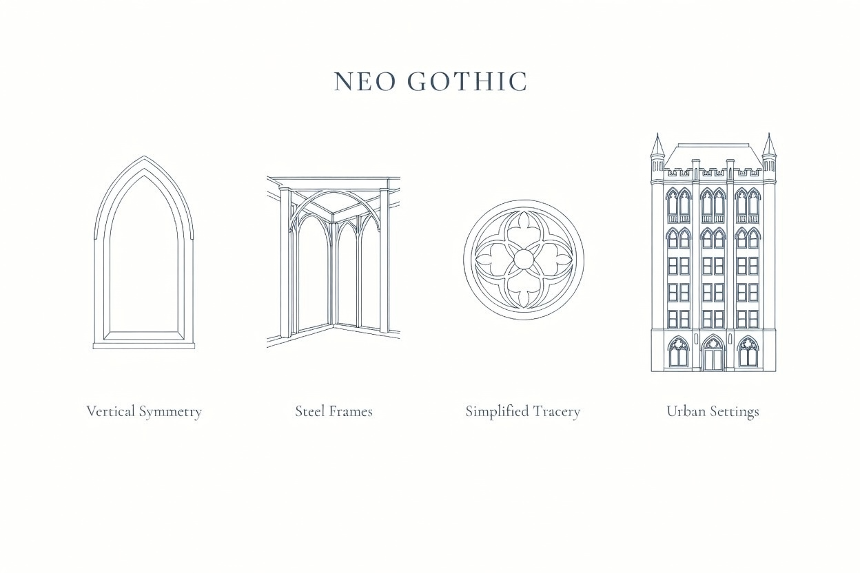 Neo-Gothic architectural comparison plate with pointed arch, tracery, structural bay, and urban facade.