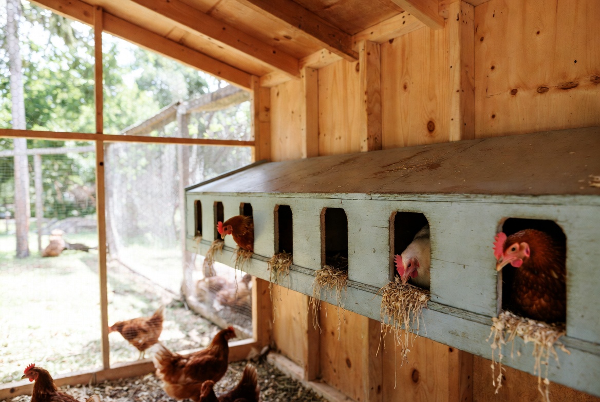 Chicken nest boxes mounted along the coop wall with hens using them.